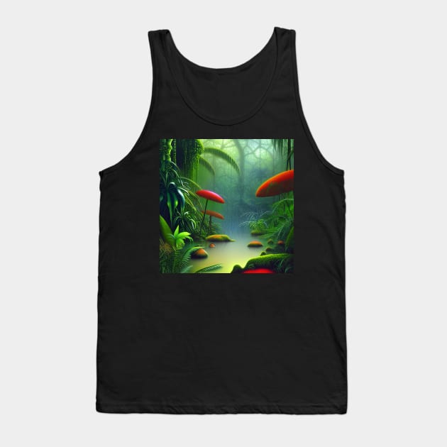 Digital Painting Of a Lush Wet Natural Jungle and Lake Tank Top by Promen Art